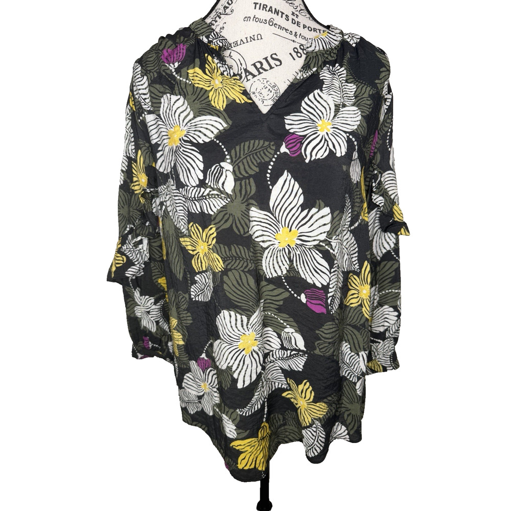 Chico’s Women’s Blouse Size 1 Black With Multicolor Floral Print 3/4 Sleeves